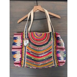 America and Beyond Alex Embellished Tote Bag Multi Color Boho Pom Pom New